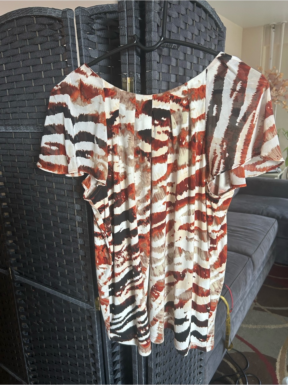 Calvin Klein Rust, Brown and Cream Zebra-Print Flutter Sleeve Top